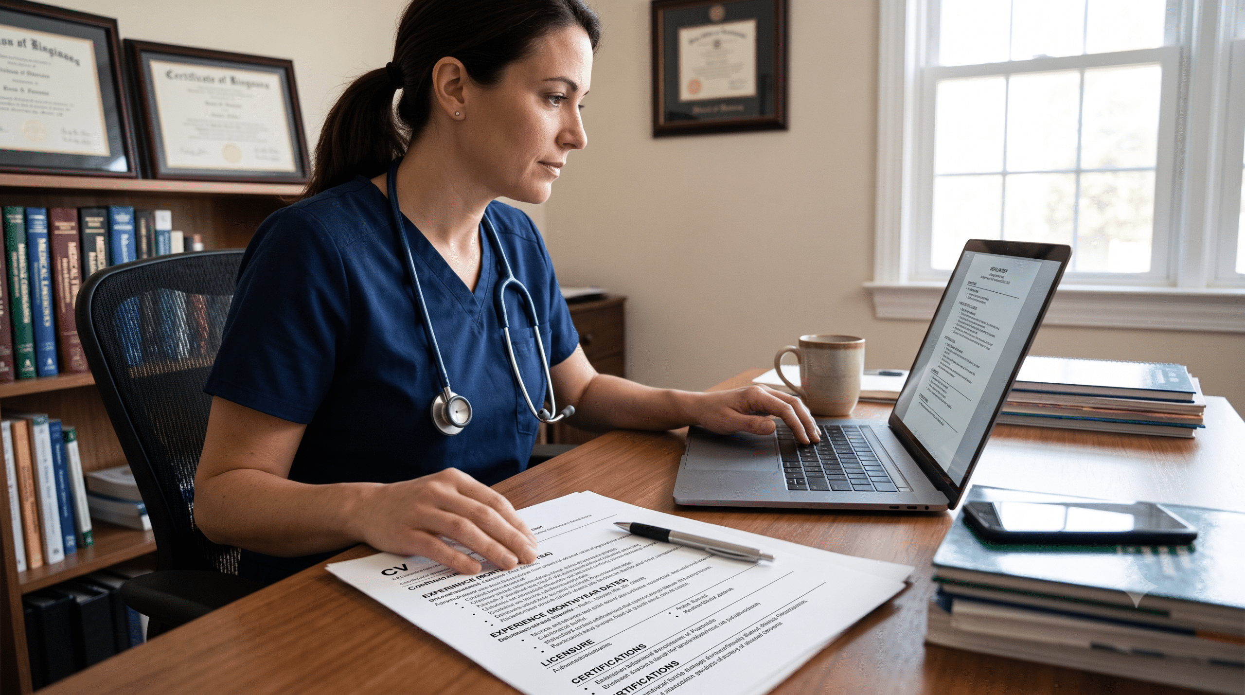 Healthcare worker review CVs on laptop, with a stack of CV facing out.